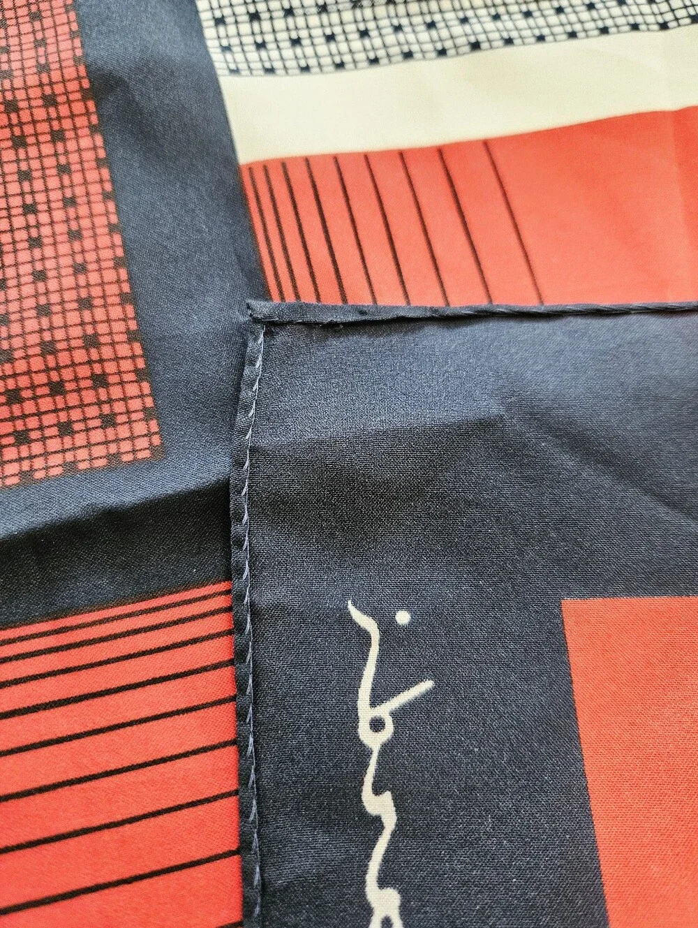 Vintage Leonardi Large '80s Geometric Black Red Striped Neck Head Scarf Foulard